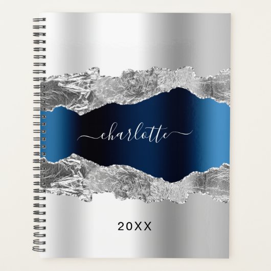 Silver navy blue agate marble name elegant 2023 planner (Voorkant)