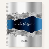 Silver navy blue agate marble name script elegant notitieboek (Voorkant)