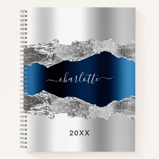 Silver navy blue agate marble name script elegant notitieboek (Voorkant)