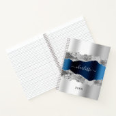 Silver navy blue agate marble name script elegant notitieboek (Binnen)