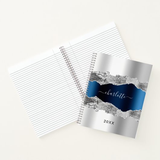 Silver navy blue agate marble name script elegant notitieboek (Binnen)