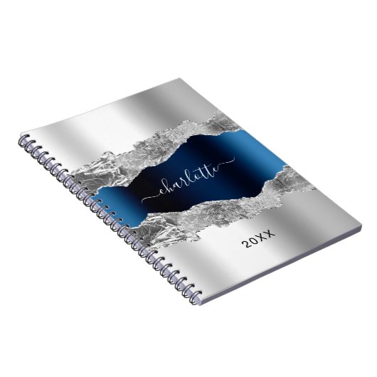 Silver navy blue agate marble name script elegant notitieboek (Rechterzijde)