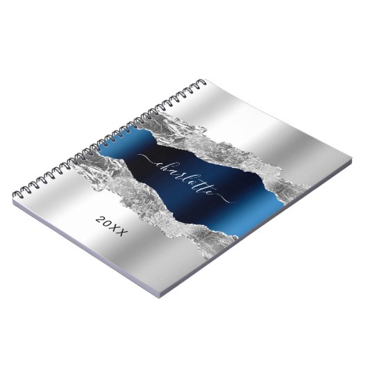 Silver navy blue agate marble name script elegant notitieboek (Linkerzijde)