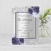 Silver navy blue bruiloft kaart (Staand voorkant)