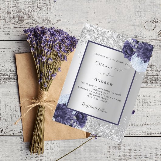 Silver navy blue bruiloft kaart