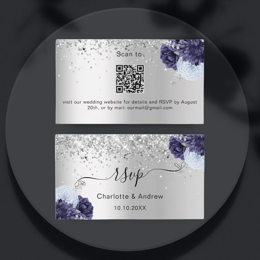 Silver Navy Blue bruiloft website RSVP QR code Informatiekaartje