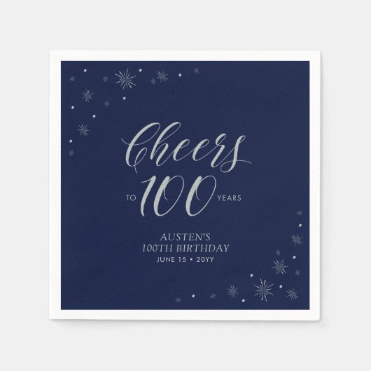 Silver & Navy Blue Cheers 100e verjaardagsfeest Servet (Voorkant)