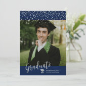 Silver & Navy Blue Confetti foto Afstuderen Aankondiging (Staand voorkant)
