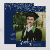 Silver & Navy Blue Confetti foto Afstuderen Aankondiging (Voorkant / Achterkant)