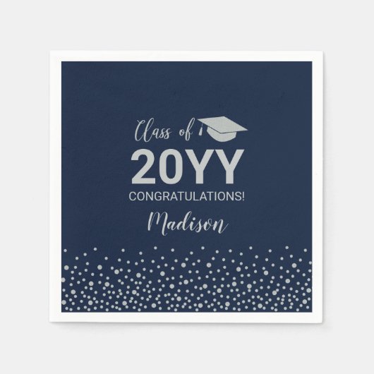 Silver & Navy Blue Confetti klasse afstudeerfeest Servet (Voorkant)