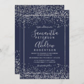 Silver navy blue confetti typografie bruiloft kaart (Voorkant / Achterkant)