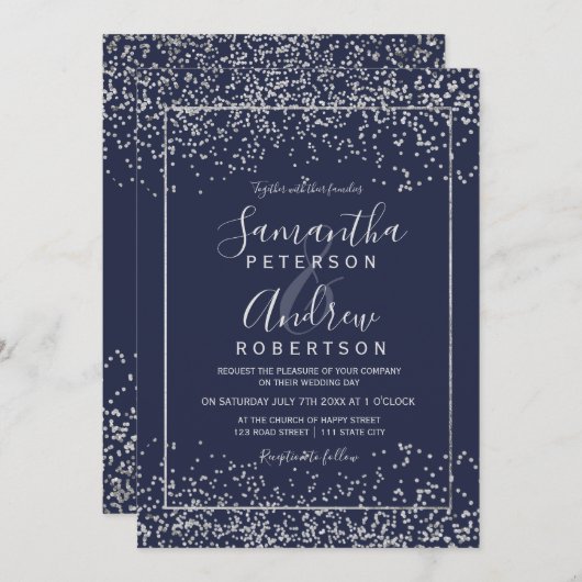 Silver navy blue confetti typografie bruiloft kaart (Voorkant / Achterkant)