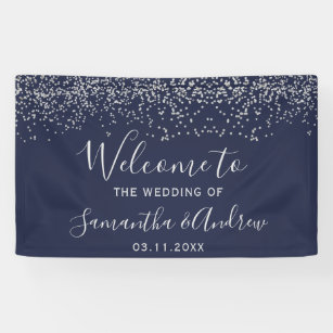Silver navy blue confetti typografie bruiloft spandoek
