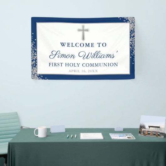 Silver Navy Blue First Heilige Commune Banner (Beurs)