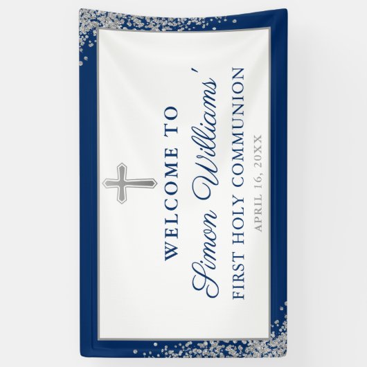 Silver Navy Blue First Heilige Commune Banner (Verticaal)