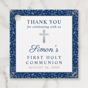 Silver Navy Blue First Heilige Communie Dank u Bedankjes Labels