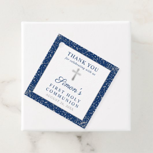 Silver Navy Blue First Heilige Communie Dank u Bedankjes Labels (In situ)
