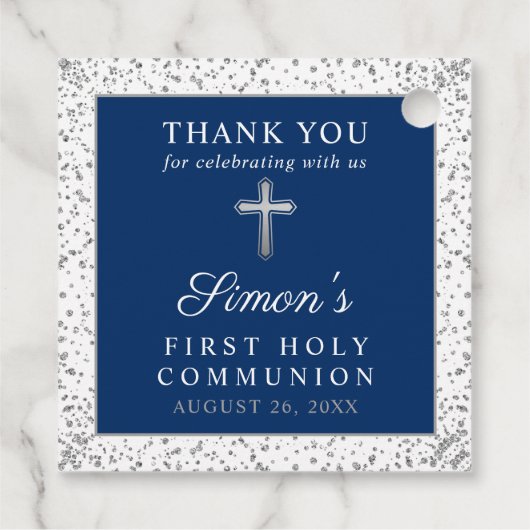 Silver Navy Blue First Heilige Communie Dank u Bedankjes Labels (Achterkant)