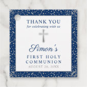 Silver Navy Blue First Heilige Communie Dank u Bedankjes Labels (Voorkant)