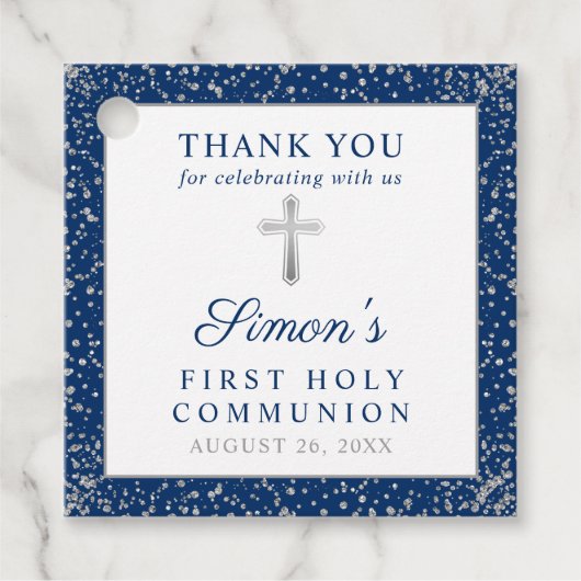 Silver Navy Blue First Heilige Communie Dank u Bedankjes Labels (Voorkant)