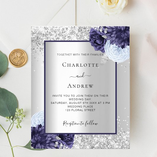 Silver navy Blue floral budget bruiloft Flyer