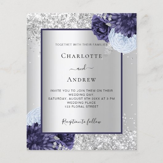 Silver navy Blue floral budget bruiloft Flyer (Voorkant)