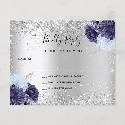 Silver Navy blue florals budget bruiloft RSVP-kaar Flyer (Voorkant)