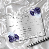 Silver Navy blue florals budget bruiloft RSVP-kaar Flyer