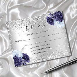 Silver Navy blue florals budget bruiloft RSVP-kaar Flyer
