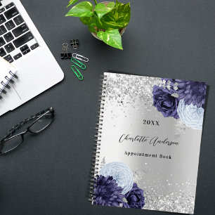 Silver navy blue florals elegant glamoureus 2023 planner