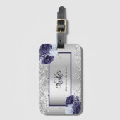Silver navy blue florals elegant monogram bagagelabel (Voorkant (verticaal))