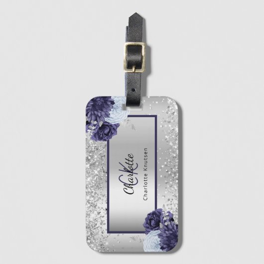Silver navy blue florals elegant monogram bagagelabel (Voorkant (verticaal))
