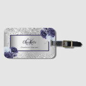 Silver navy blue florals elegant monogram bagagelabel (Voorkant (horizontaal))
