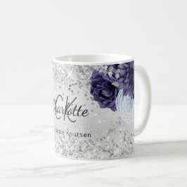 Silver navy blue florals elegant monogram koffiemok