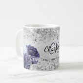 Silver navy blue florals elegant monogram koffiemok (Voorkant links)