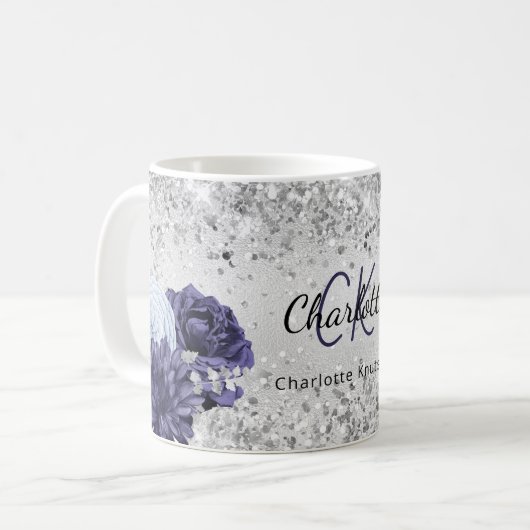 Silver navy blue florals elegant monogram koffiemok (Voorkant links)