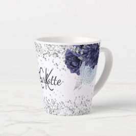 Silver navy blue florals elegant monogram latte mok
