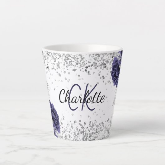 Silver navy blue florals elegant monogram latte mok (Voorkant)