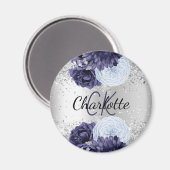 Silver navy blue florals elegant monogram magneet (Voorkant / Achterkant)