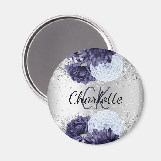 Silver navy blue florals elegant monogram magneet (Voorkant / Achterkant)