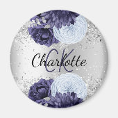 Silver navy blue florals elegant monogram magneet (Voorkant)