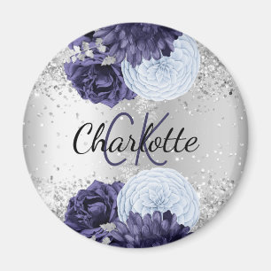 Silver navy blue florals elegant monogram magneet