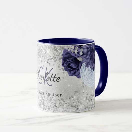 Silver navy blue florals elegant monogram mok (Voorkant rechts)