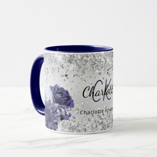 Silver navy blue florals elegant monogram mok (Voorkant links)
