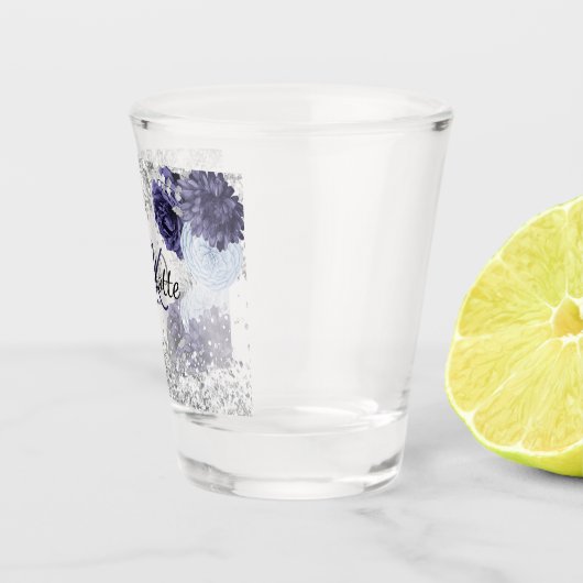 Silver navy blue florals elegant monogram shot glas (Rechts)