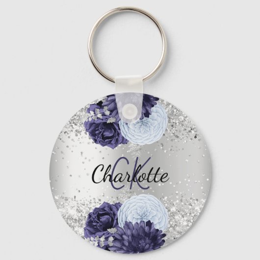 Silver navy blue florals elegant name sleutelhanger (Voorkant)