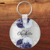 Silver navy blue florals elegant name sleutelhanger (Voorkant)