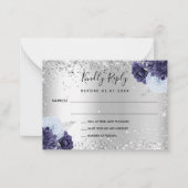Silver navy blue florals glitter bruiloft RSVP Notitiekaartje (Voorkant)