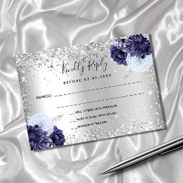 Silver navy blue florals glitter bruiloft RSVP Notitiekaartje