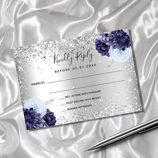 Silver navy blue florals glitter bruiloft RSVP Notitiekaartje